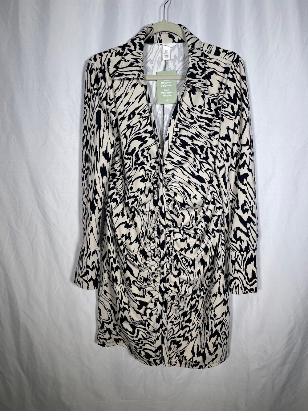 H&M WOMENS BUTTON DOWN RUCHED MINI DRESS BLACK WHITE XL NEW